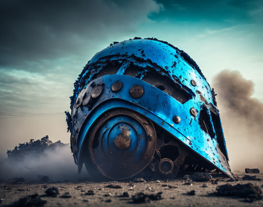 Abandoned blue airplane nose in desolate landscape under dramatic sky