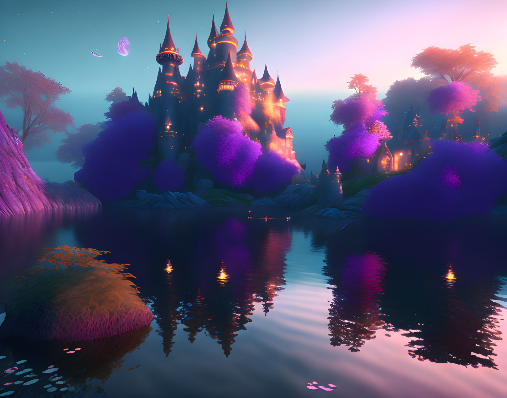 Fantasy landscape with glowing purple castle and floating islands