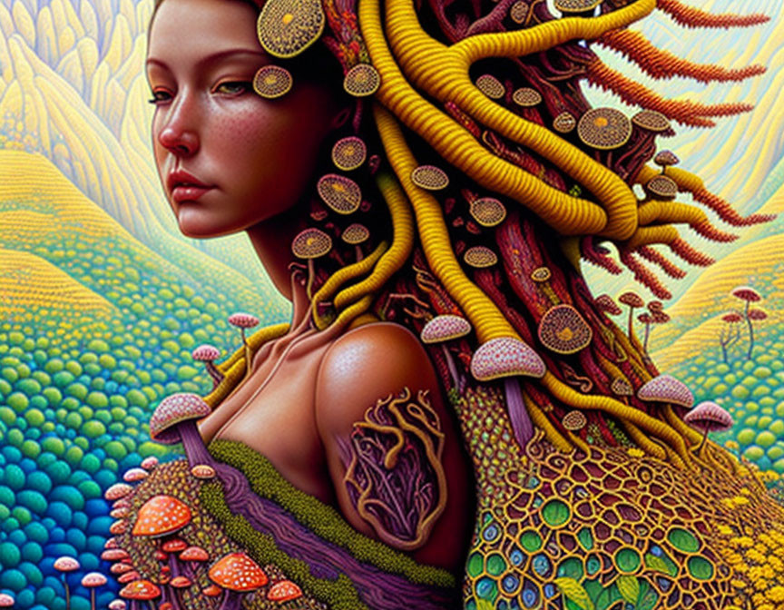 Surreal portrait of woman with mushroom-like foliage hair on colorful landscape