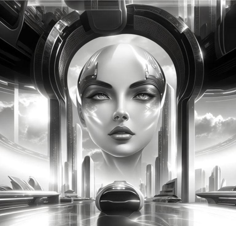 Futuristic cityscape with giant female android head and sleek buildings