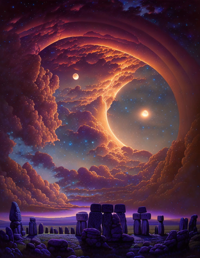 Surreal Purple Twilight Sky with Two Moons and Stone Circle