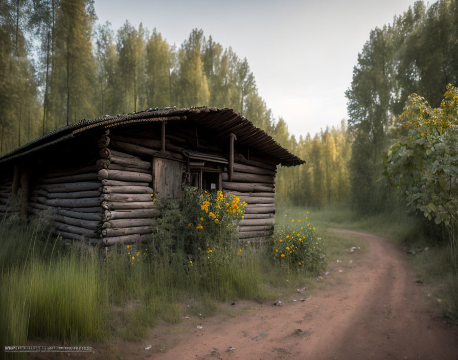 Serene woodland scene with rustic log cabin and trees