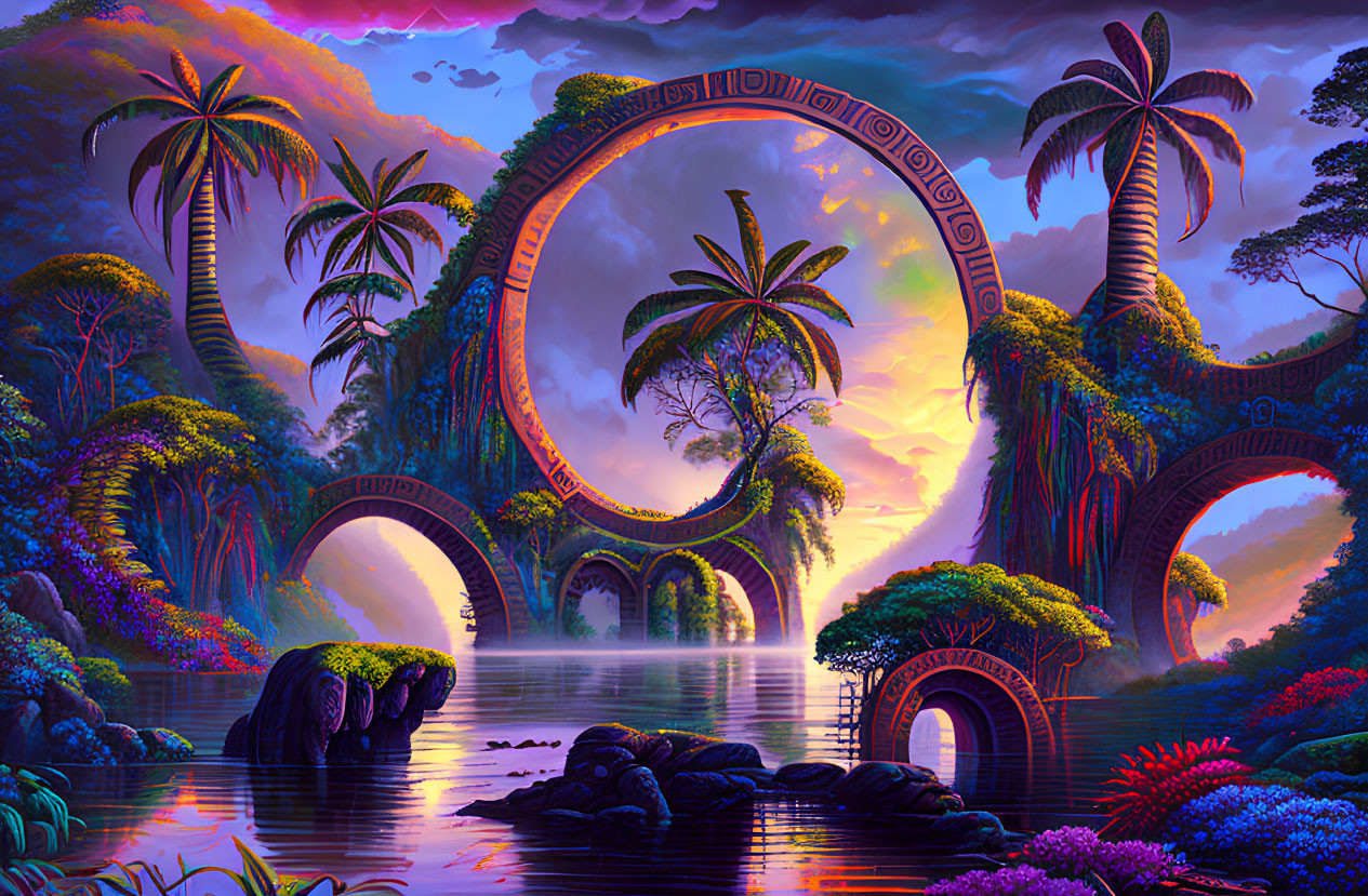 Colorful Fantasy Landscape with Looping Bridges and Serene Water Body