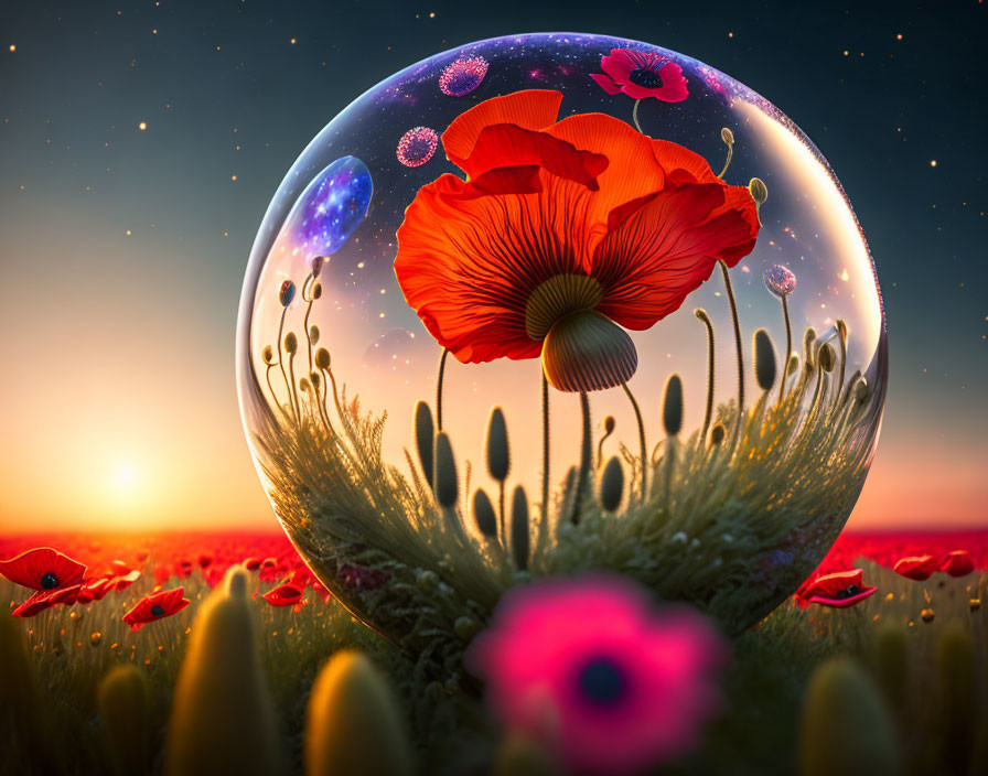 Red poppies in transparent sphere with sunset backdrop