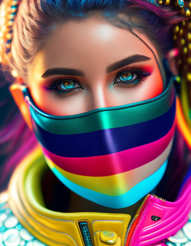 Colorful digital portrait of person with blue eyes in striped face mask and neon attire