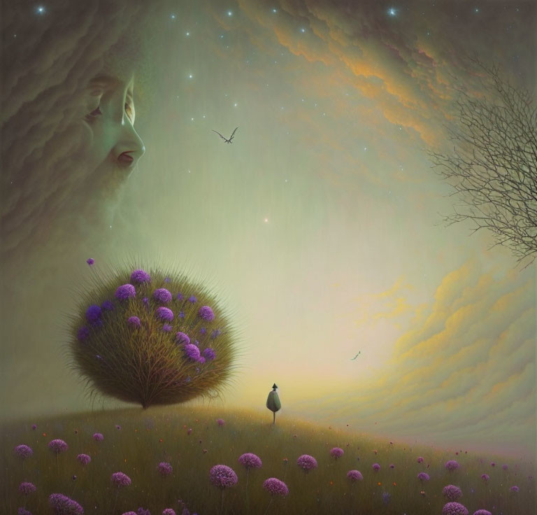 Surreal landscape with ethereal face, lone figure, tree, and purple flowers under twilight sky