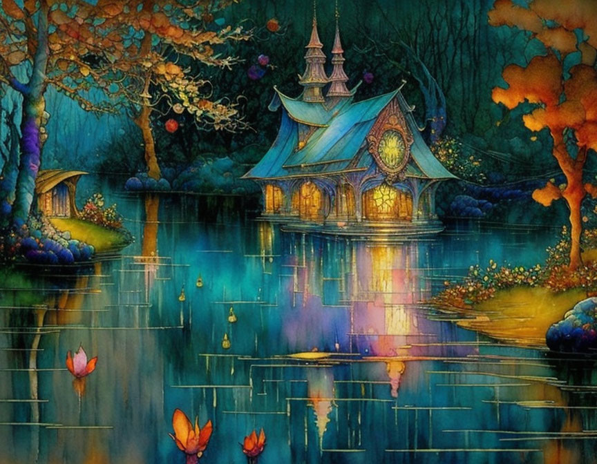 Colorful Whimsical Fantasy Cottage Painting by a Serene Lake