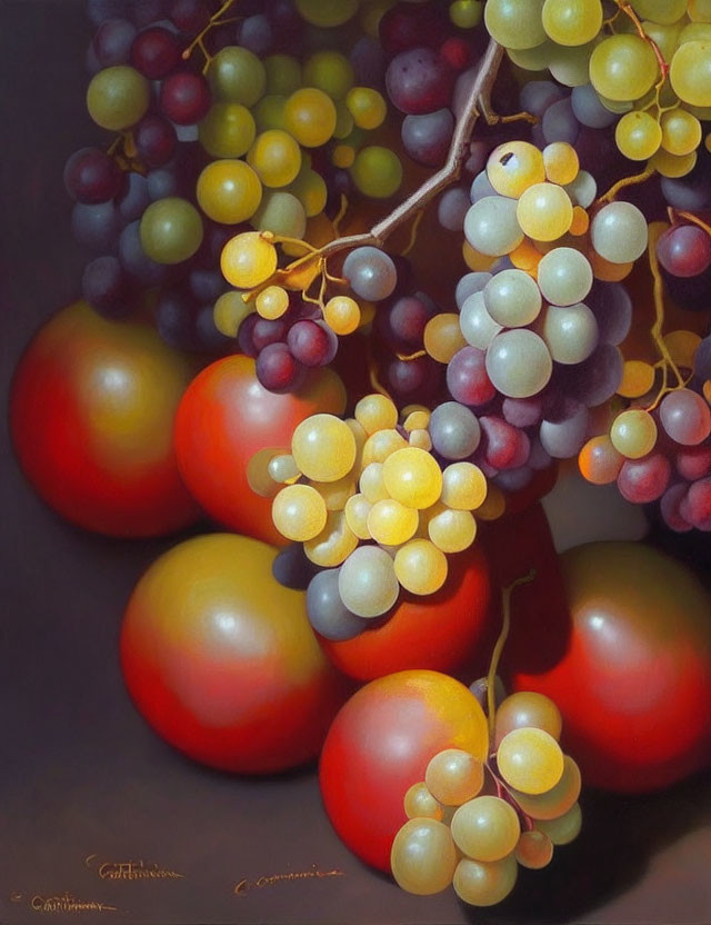 Vibrant still life painting of grapes and apples on dark background