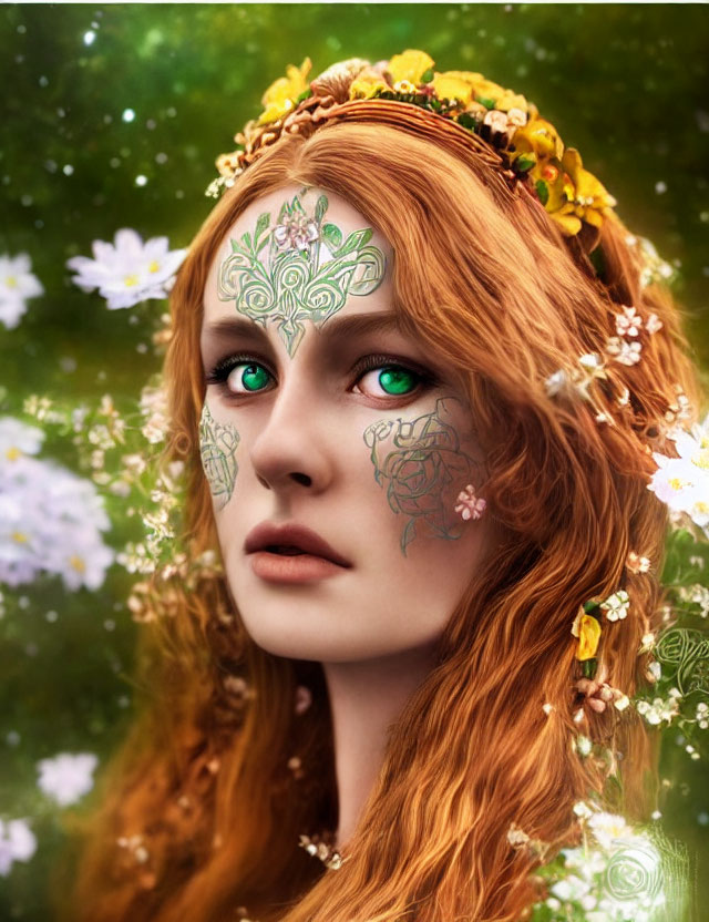 Artwork featuring woman with vibrant green eyes, red hair, floral crown, and green leaf patterns.