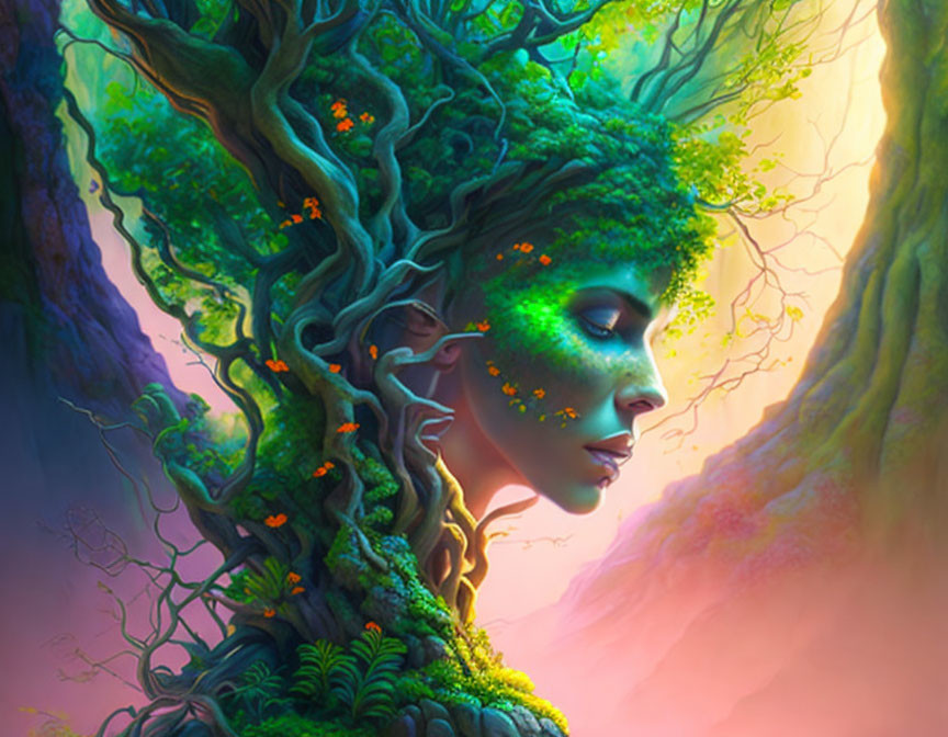 Surreal woman profile merges with vibrant tree in mystical forest