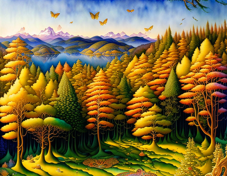 Colorful surreal landscape with conical trees, misty mountains, and butterflies