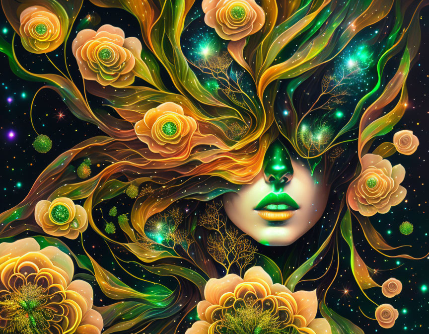 Colorful portrait of woman with tree hair and roses in space