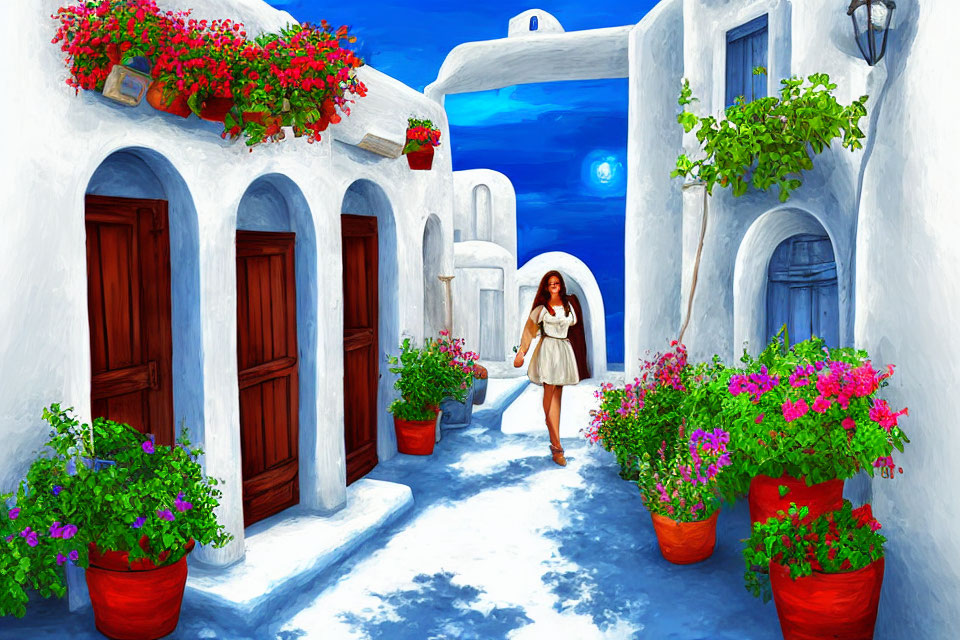 Woman Walking in Vibrant Alley with White Walls, Blue Doors, and Red Flowers