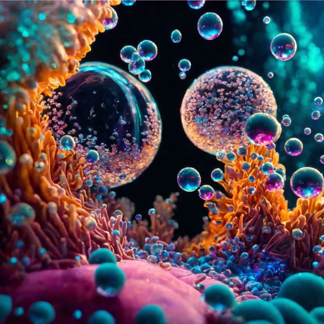 Vibrant landscape with spherical bubbles and coral-like structures