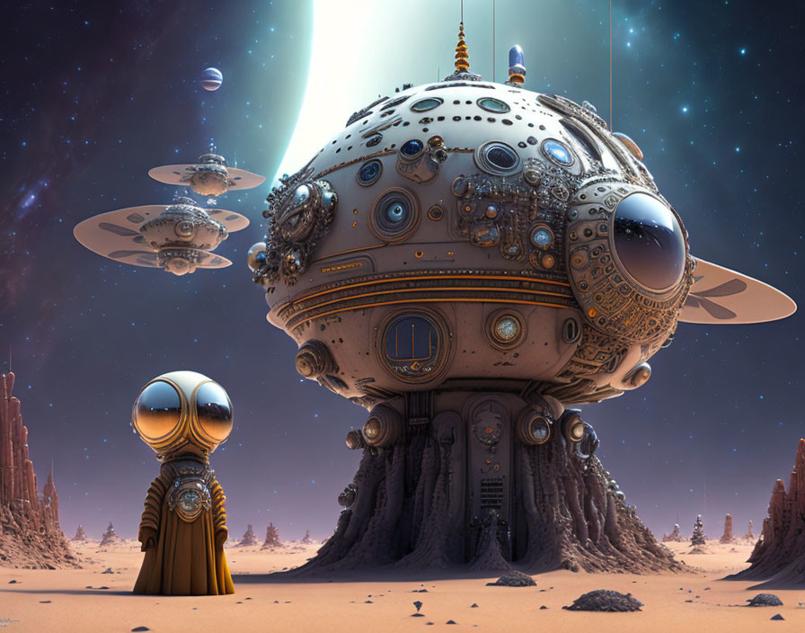 Futuristic desert landscape with hovering spherical spaceships and lone robot