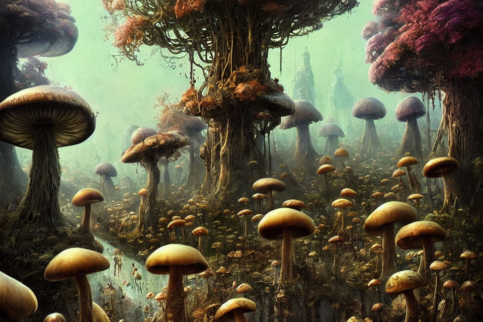 Vibrant oversized mushrooms in mystical forest.