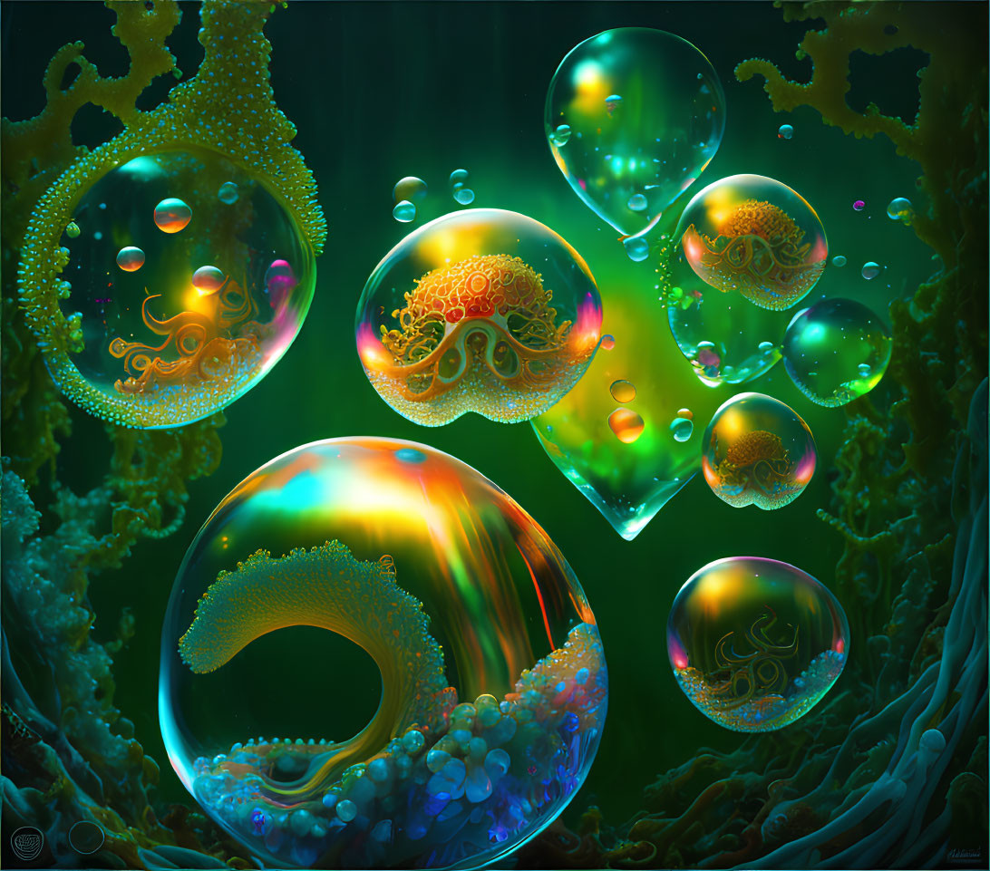 Colorful underwater bubbles and green coral structures in vibrant scene