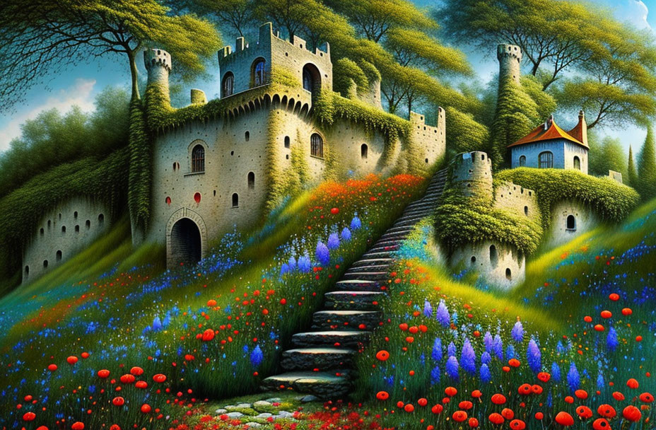 Castle with Colorful Gardens and Stone Staircase