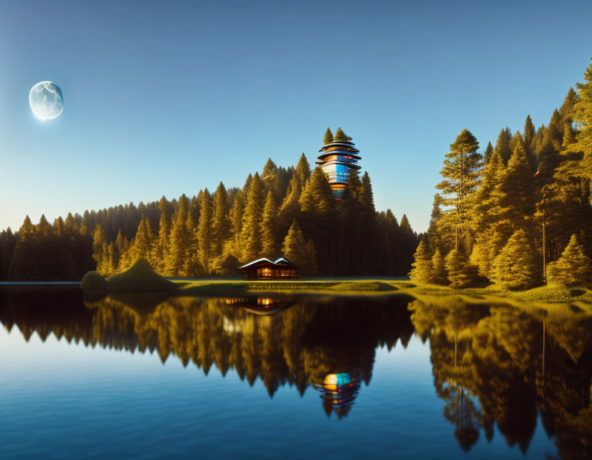 Tranquil lake with forest, cabin, and surreal tower under twilight sky