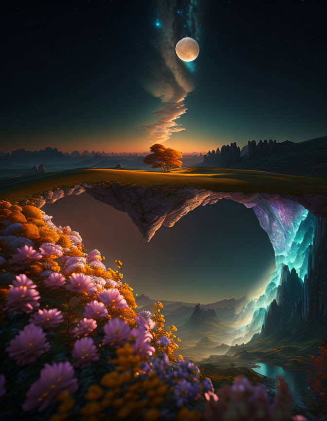 Surreal landscape with floating landmass, tree, moon, flowers, and misty valley