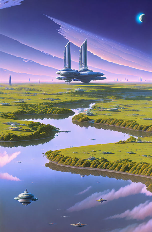 Futuristic skyscrapers on floating platform above river with ships and crescent moon