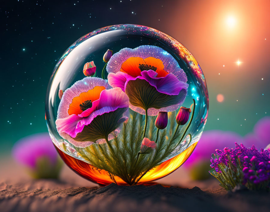 Clear bubble with poppy flowers, starry sky, and sandy surface