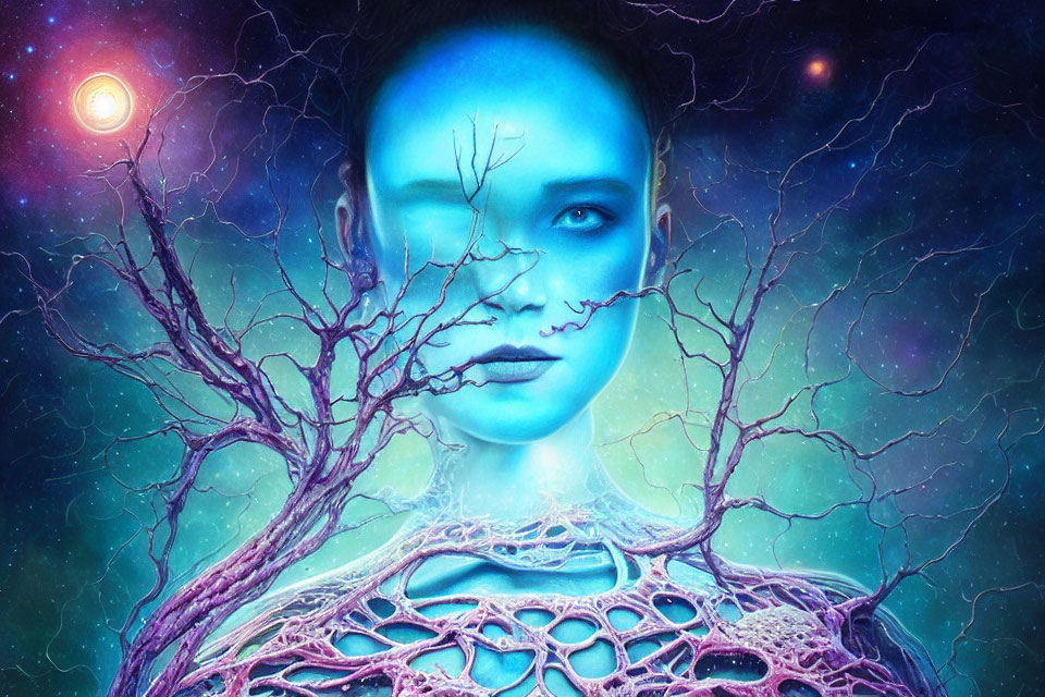 Surreal portrait of woman's face merging with tree branches and cosmic elements