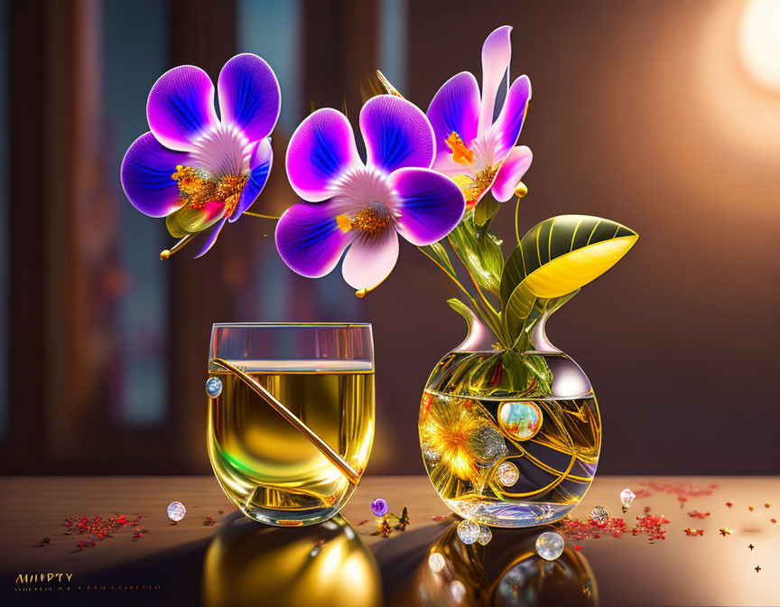 Purple Orchids and Whiskey Glass on Wooden Surface