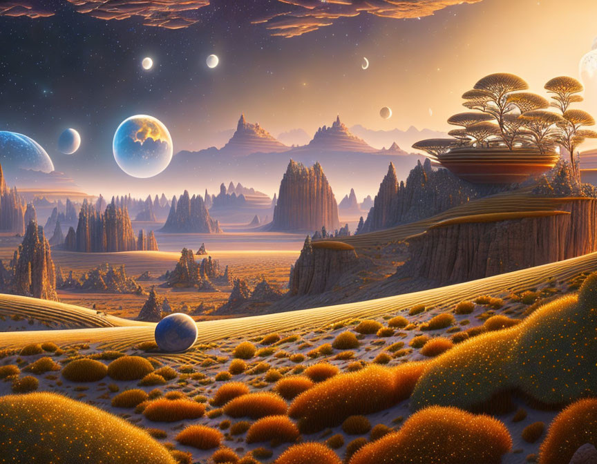 Alien landscape with rock formations, surreal vegetation, and multiple moons