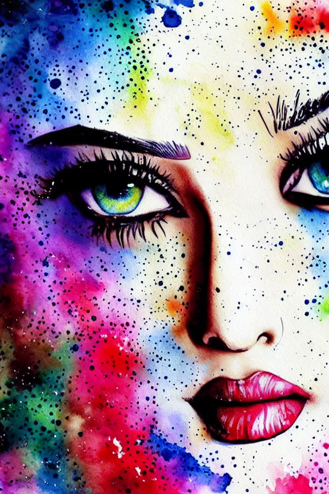 Colorful Watercolor Painting of Woman's Face with Expressive Eyes