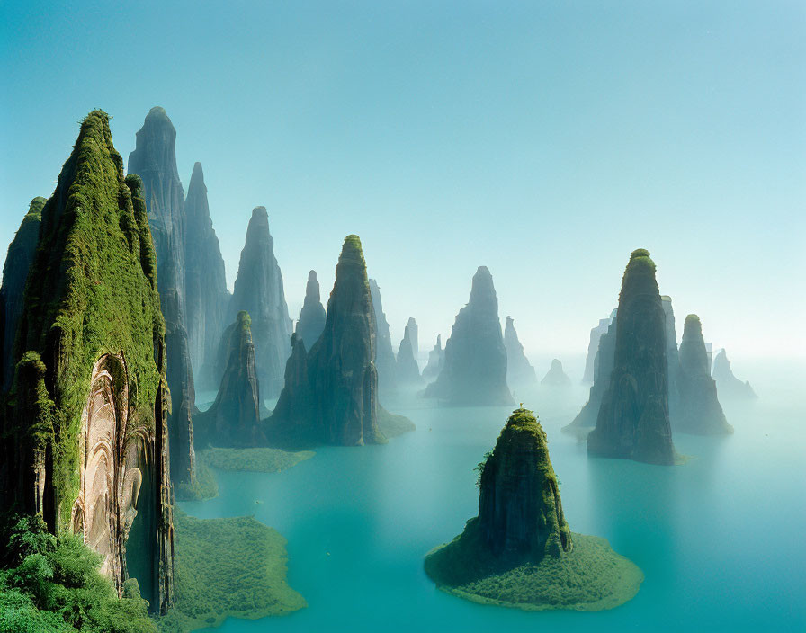 Serene Turquoise Lake Surrounded by Green Karst Peaks