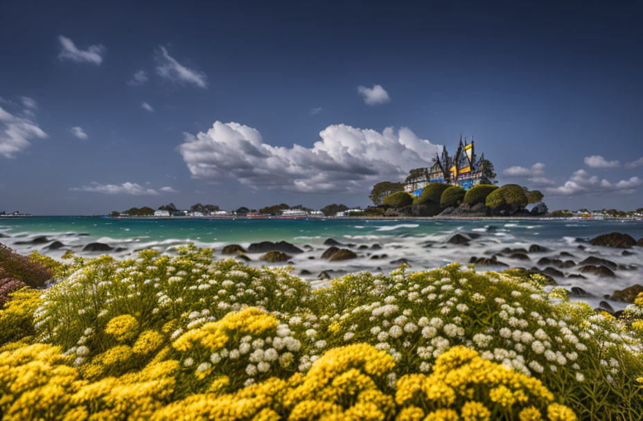 Vibrant yellow flowers, rocky shoreline, castle on hill - coastal view scenery.