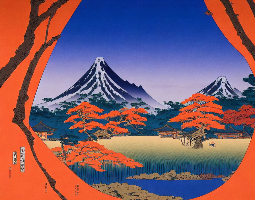 Japanese Ukiyo-e Style Artwork: Mount Fuji, Red Circular Border, Autumnal Trees,