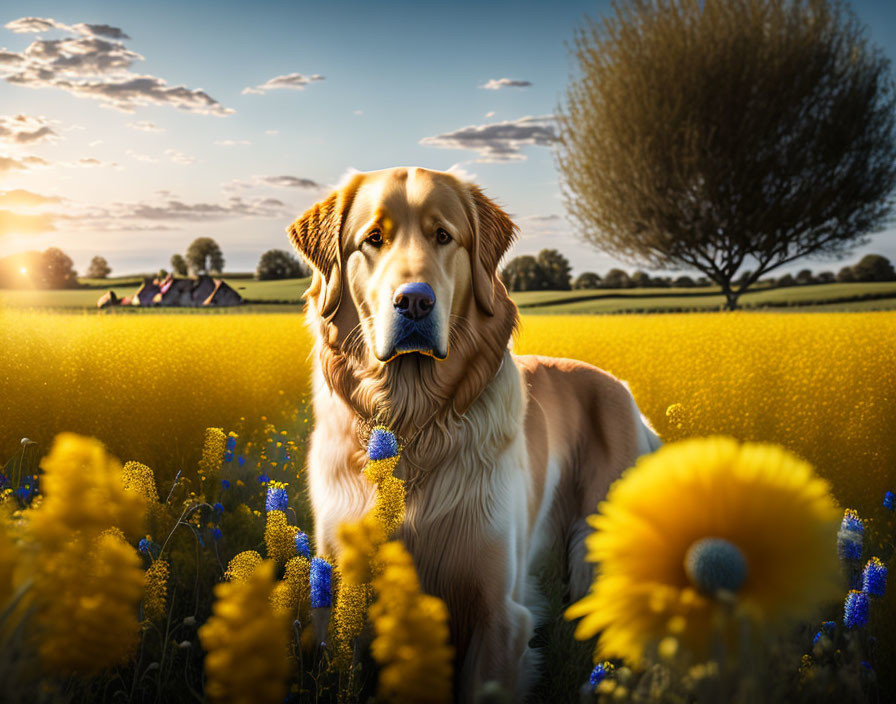 Golden retriever in blooming sunflower field with cottage and tree under dramatic sky