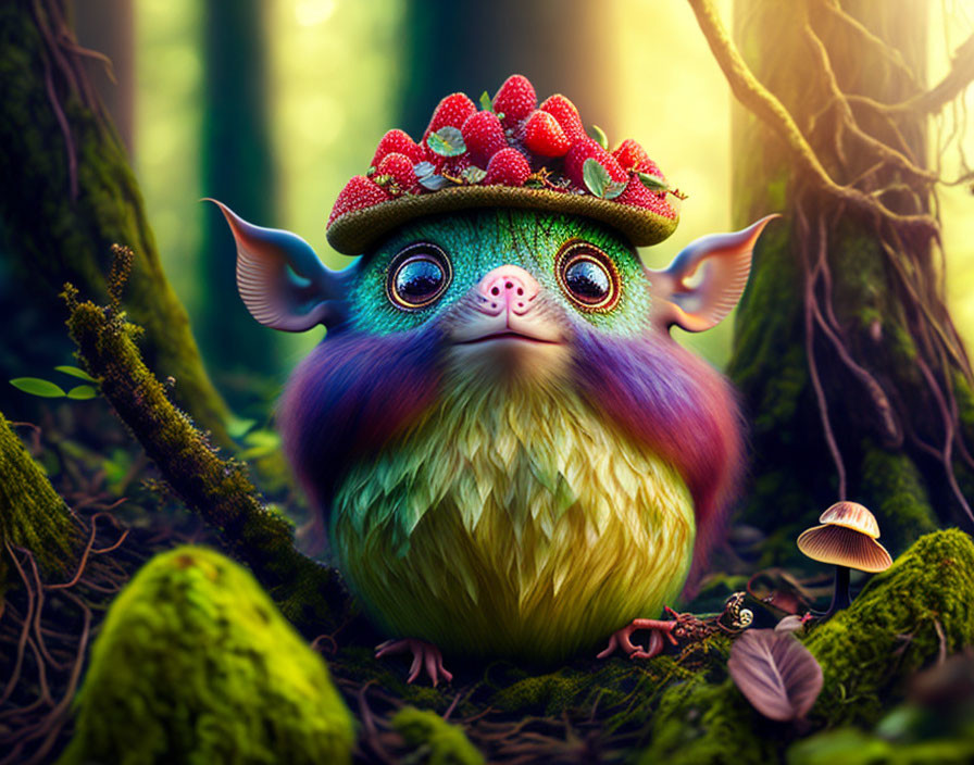 Colorful whimsical creature with strawberry crown in forest scene