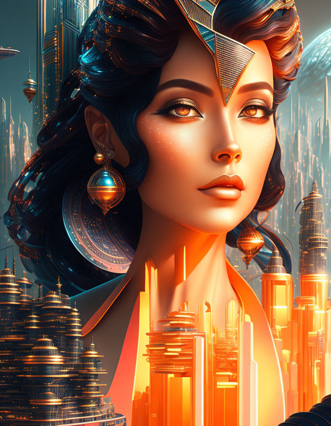 Futuristic digital art portrait of a woman with neon-lit cityscape