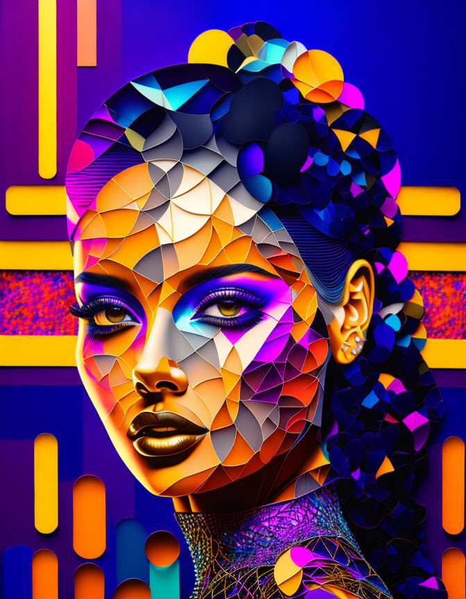 Colorful geometric digital portrait of a woman with mosaic patterns on neon background