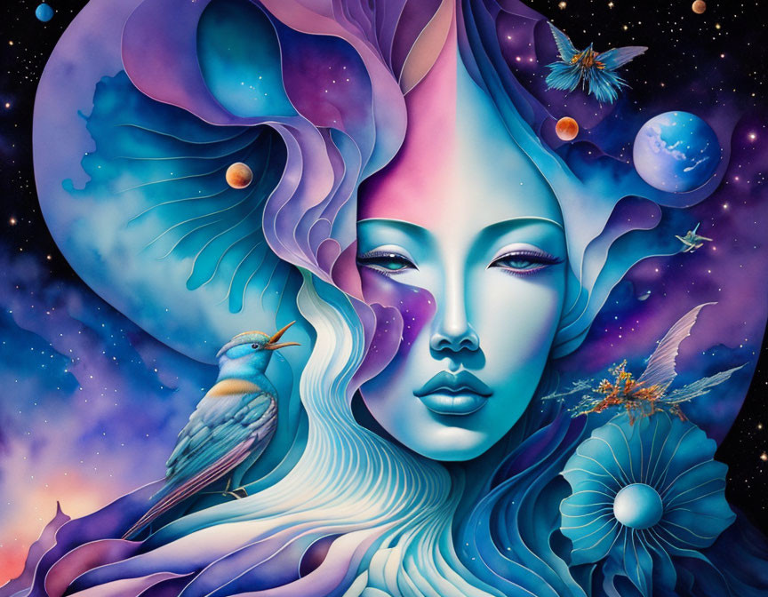 Colorful artwork: stylized woman's face with cosmic elements and planets on starry backdrop