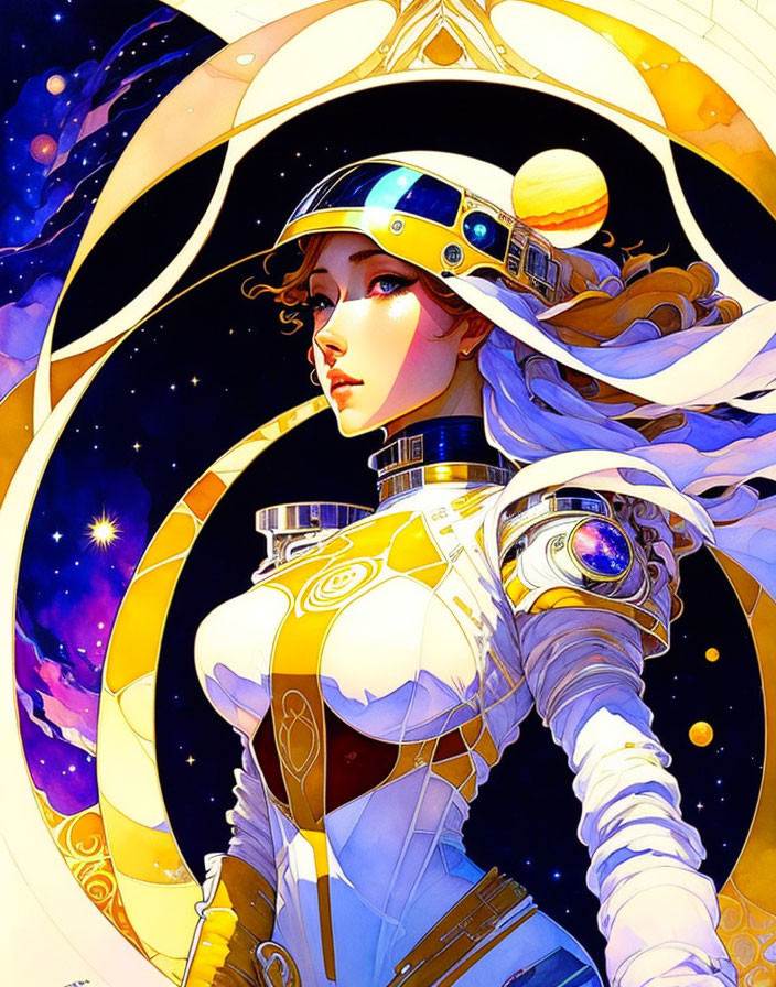 Futuristic woman in celestial-themed armor illustration