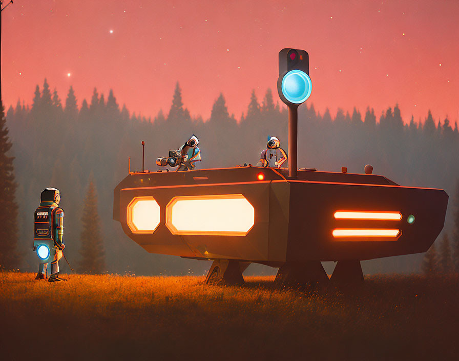 Futuristic robots in meadow at dusk with ship and stargazing robot