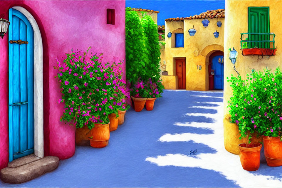 Vibrant Mediterranean Street Scene with Pink Wall and Blue Door