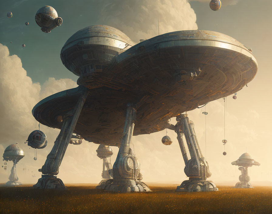 Futuristic golden field with mushroom-shaped structures and floating orbs