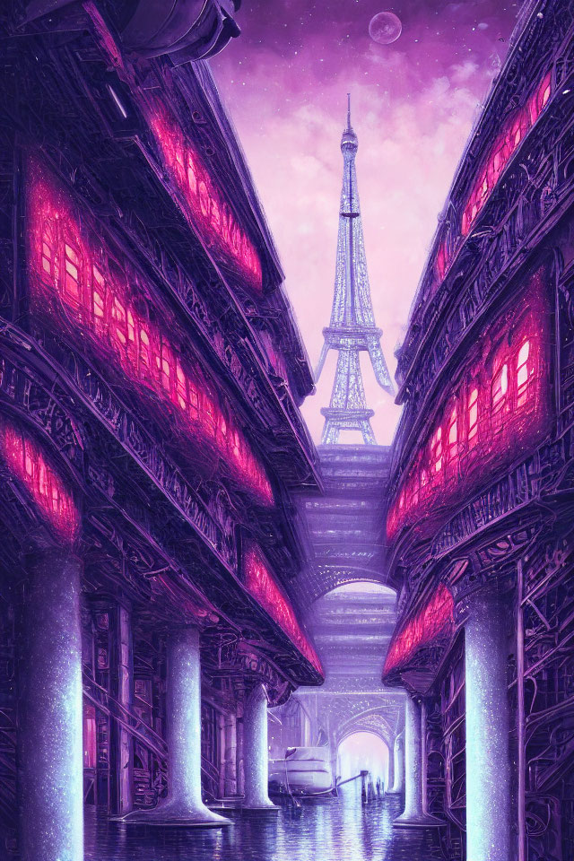 Futuristic Cyberpunk Parisian Street with Neon Lights