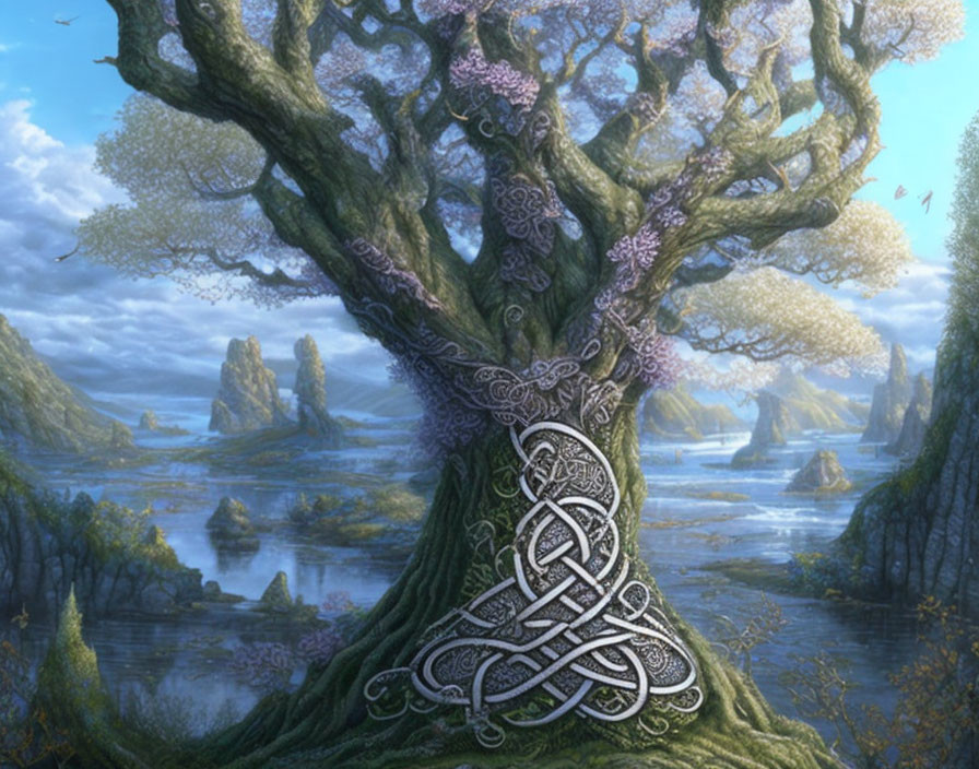 Majestic Celtic-style tree in lush fantasy landscape