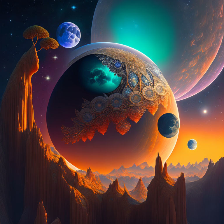 Surreal cosmic scene with ornate moons and vibrant auroras