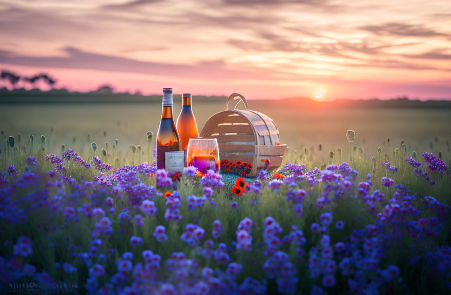 Picnic setup with wine bottles and basket in purple wildflower field at sunset