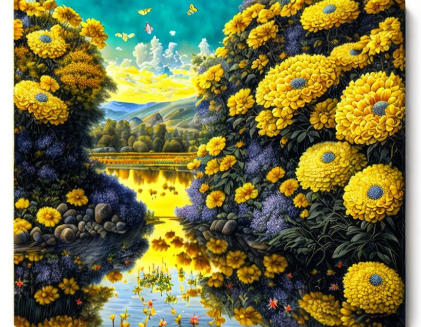 Colorful Floral Landscape Painting with Lake and Twilight Sky