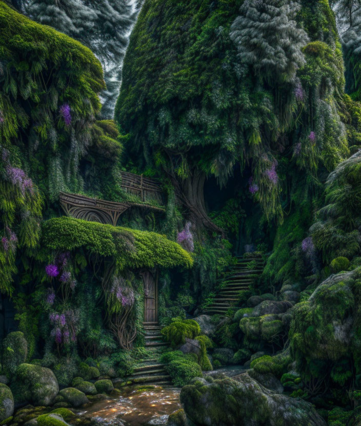 Enchanting forest scene with stream, moss-covered stones, and floral-covered house