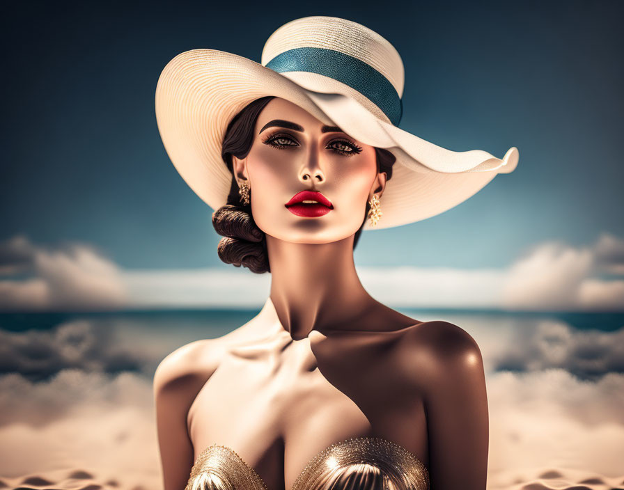 Stylish woman in wide-brimmed hat with red lipstick by ocean