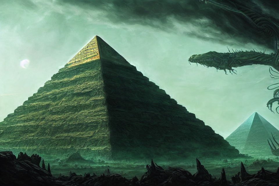 Giant creature overlooks massive and smaller pyramids under green sky